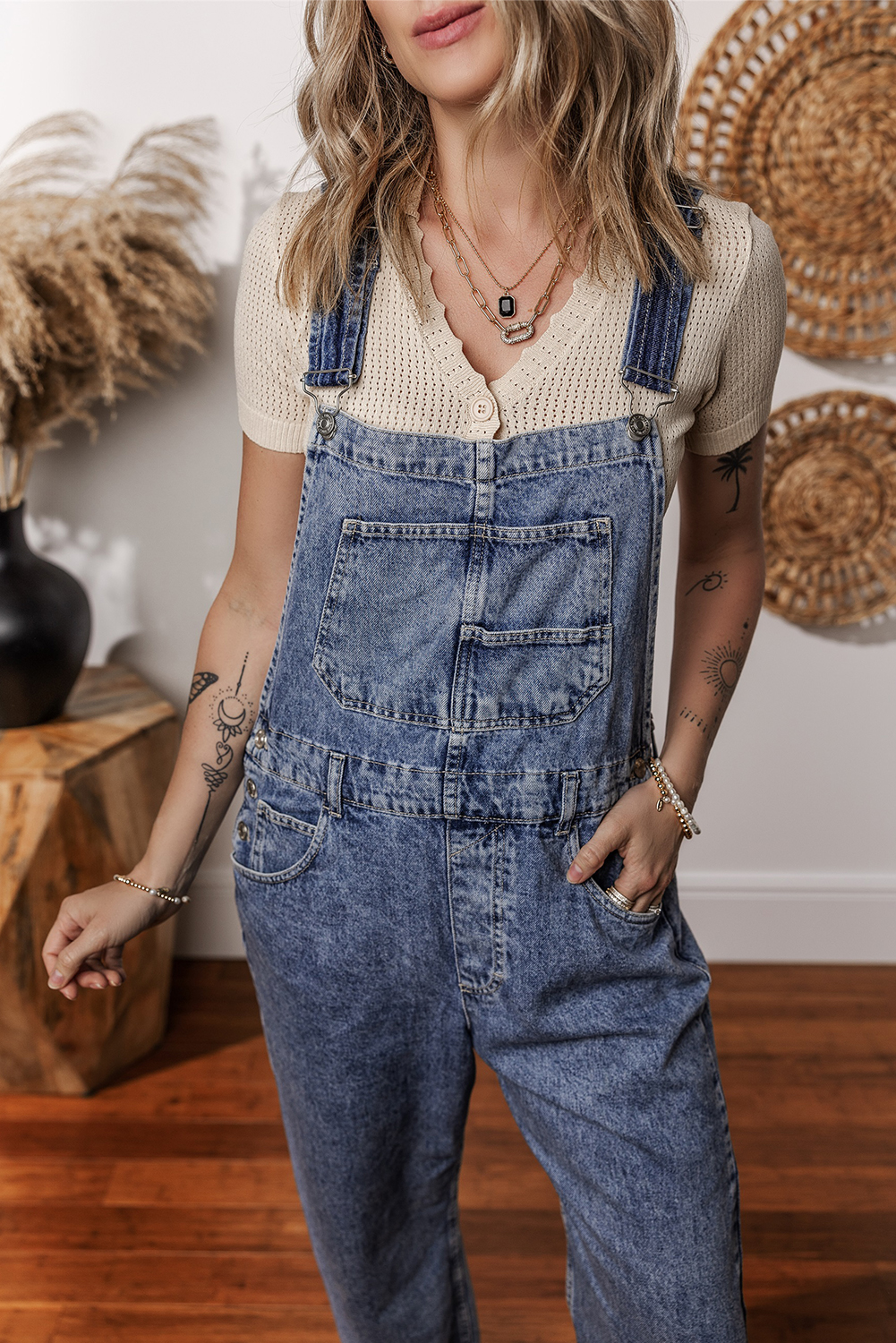 Sail Blue Denim Bib Straight Leg Jumpsuit with Pockets view 8