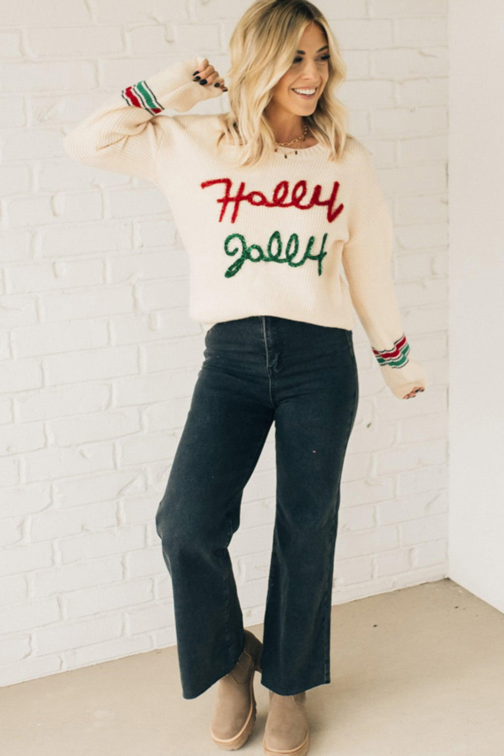 Beige Tinsel Holly Jolly Graphic Classic Sweater view 23