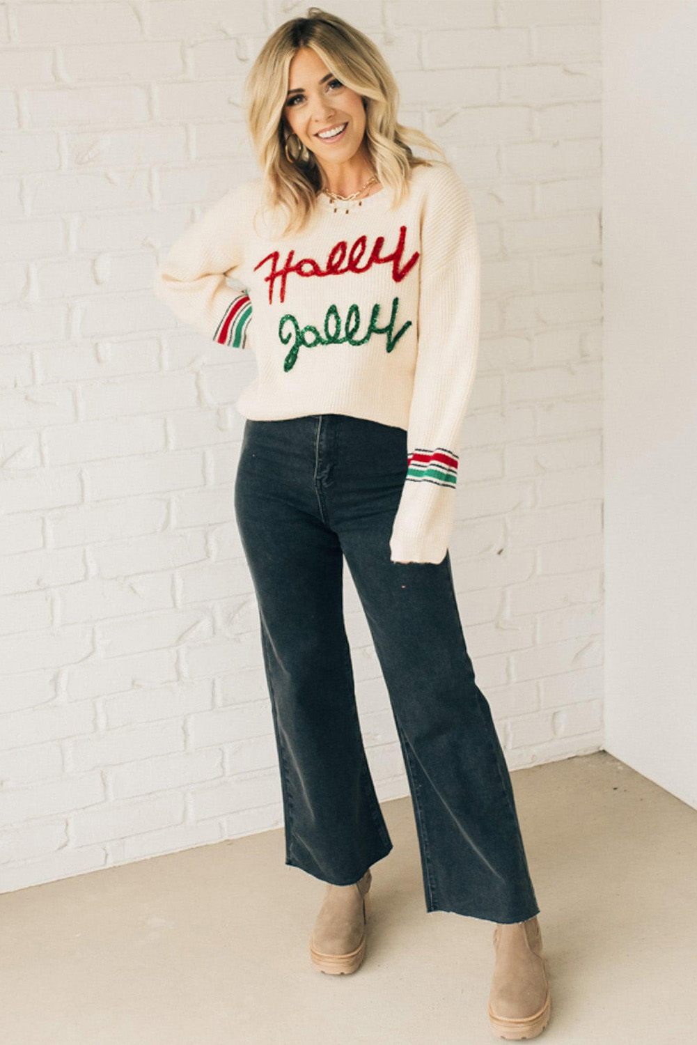Beige Tinsel Holly Jolly Graphic Classic Sweater view 22