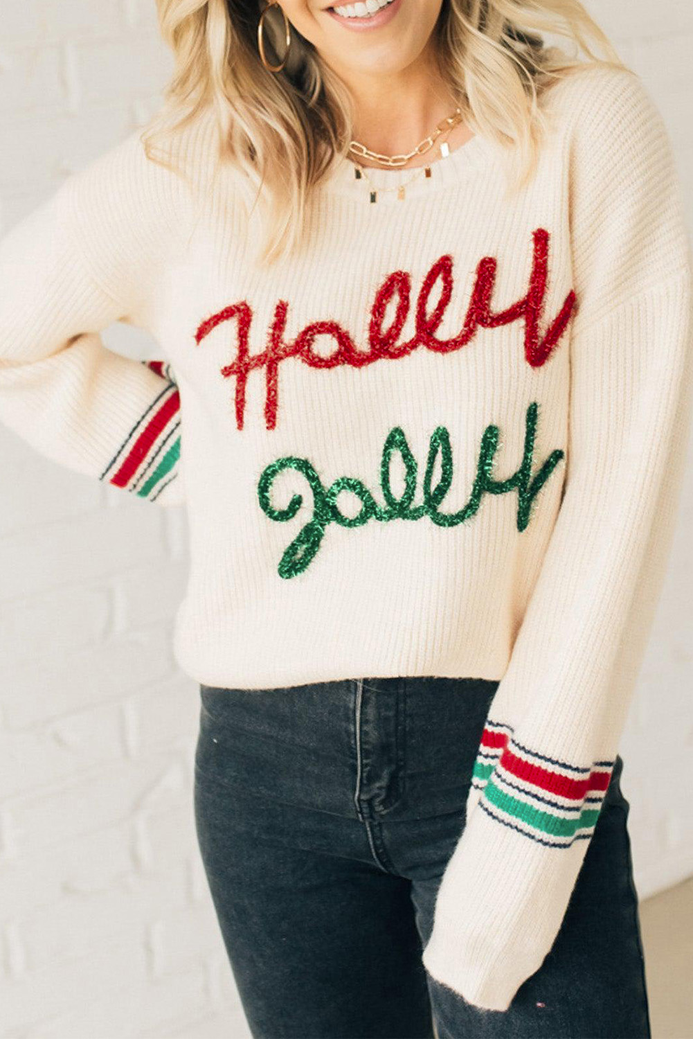 Beige Tinsel Holly Jolly Graphic Classic Sweater view 15