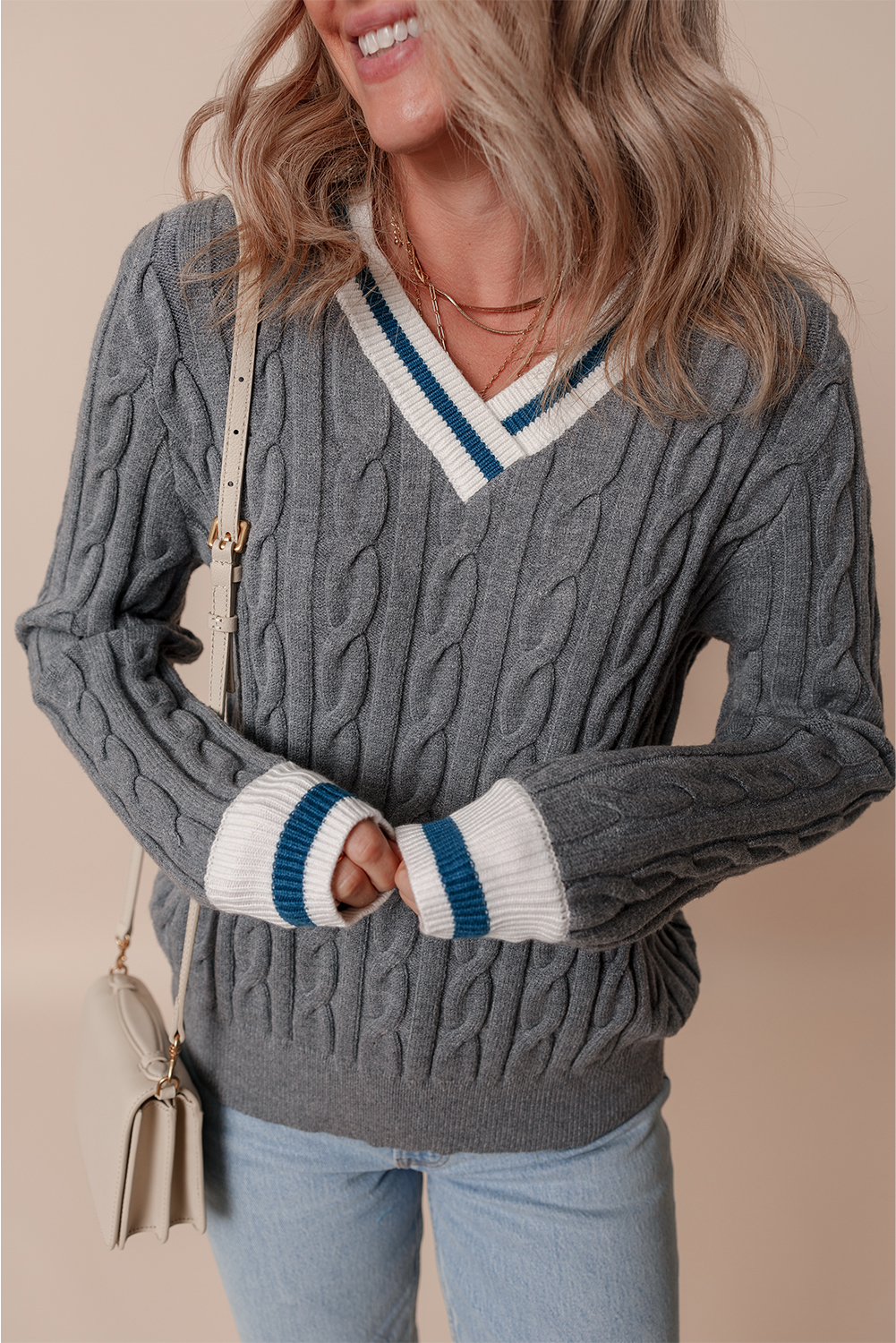 Medium Grey Color Contrast Ribbed Edge Cable Knit V Neck Sweater view 6