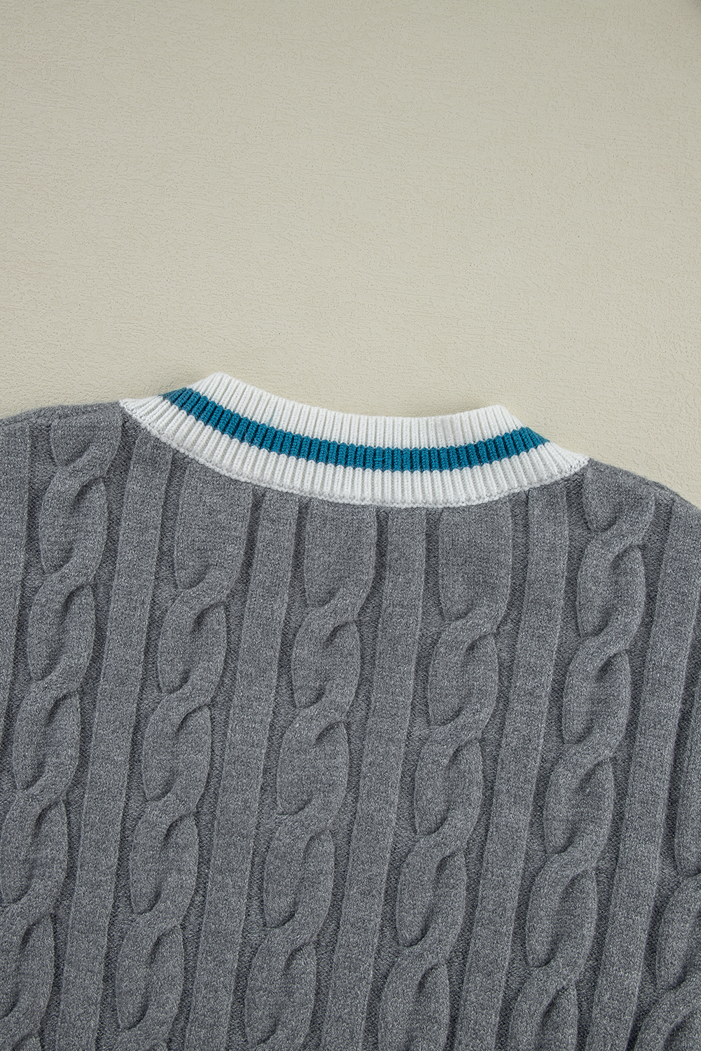 Medium Grey Color Contrast Ribbed Edge Cable Knit V Neck Sweater view 14