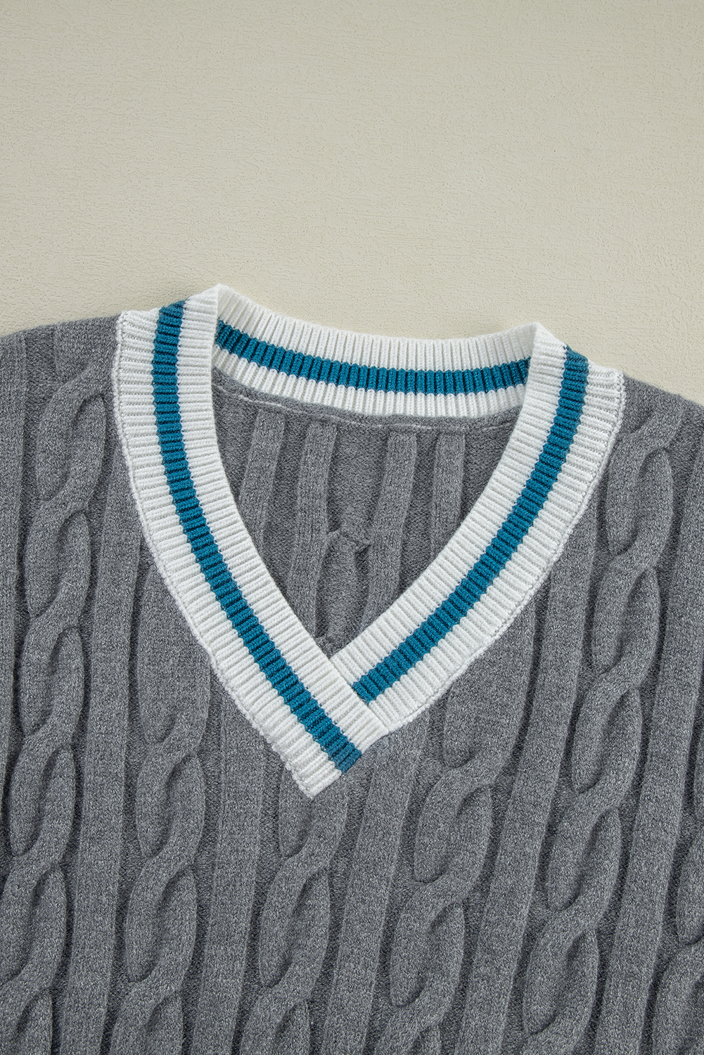 Medium Grey Color Contrast Ribbed Edge Cable Knit V Neck Sweater view 13