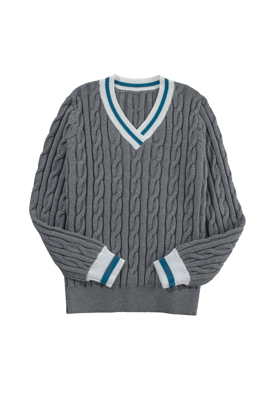 Medium Grey Color Contrast Ribbed Edge Cable Knit V Neck Sweater view 16