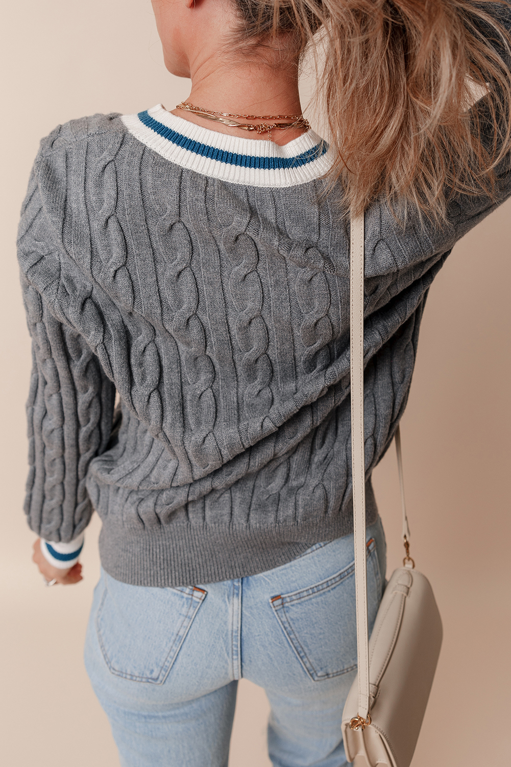 Medium Grey Color Contrast Ribbed Edge Cable Knit V Neck Sweater view 2