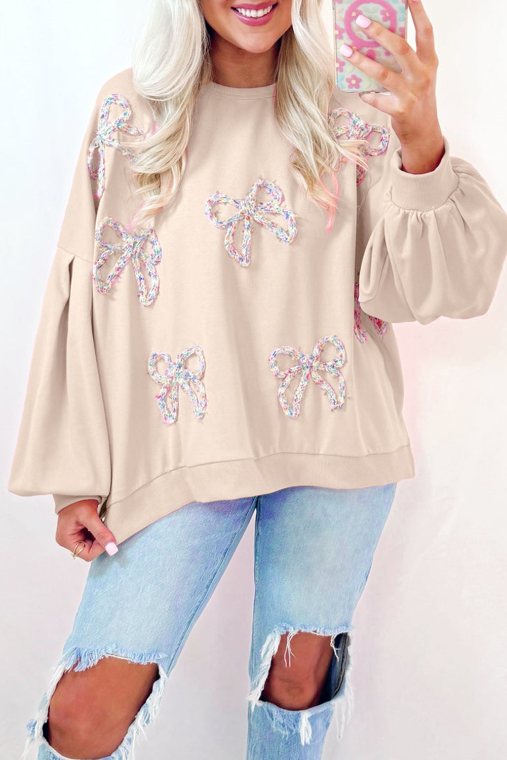 Velvet Bow Lantern Sleeve Knit Sweater For Women Elegant Warm Romantic Top Soft Knit For Leisure Party main image 1