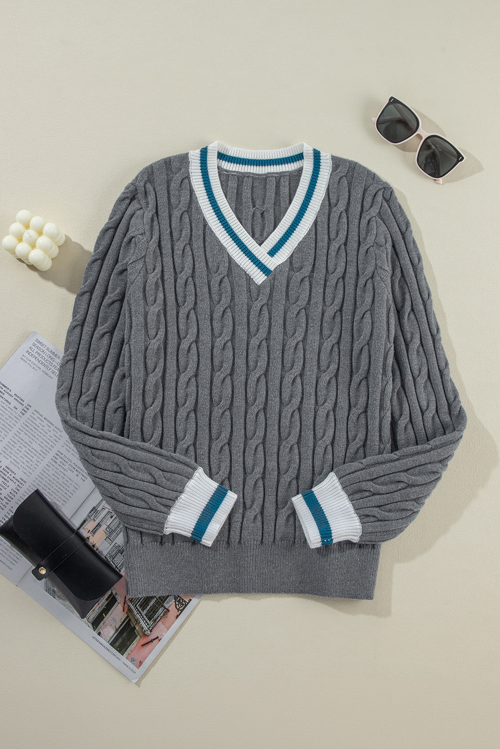 Medium Grey Color Contrast Ribbed Edge Cable Knit V Neck Sweater view 8