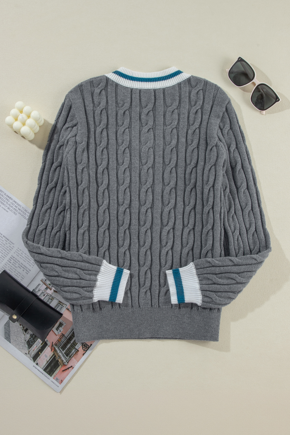 Medium Grey Color Contrast Ribbed Edge Cable Knit V Neck Sweater view 9