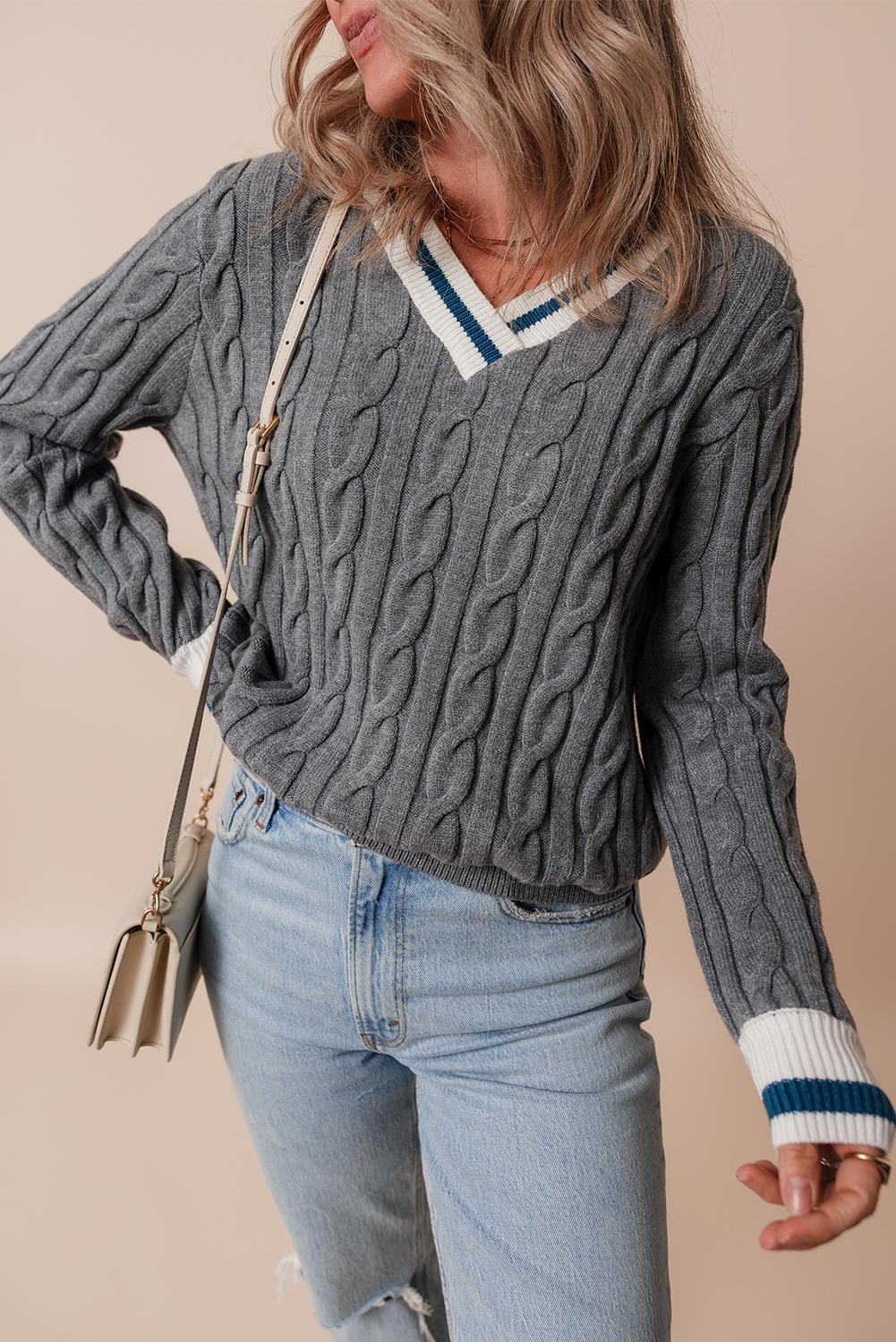 Medium Grey Color Contrast Ribbed Edge Cable Knit V Neck Sweater view 5