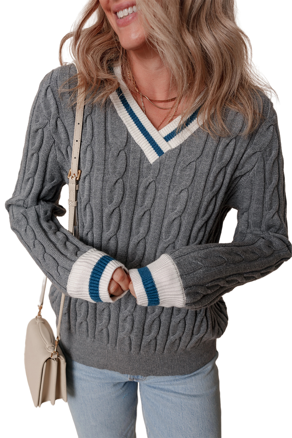 Medium Grey Color Contrast Ribbed Edge Cable Knit V Neck Sweater view 15