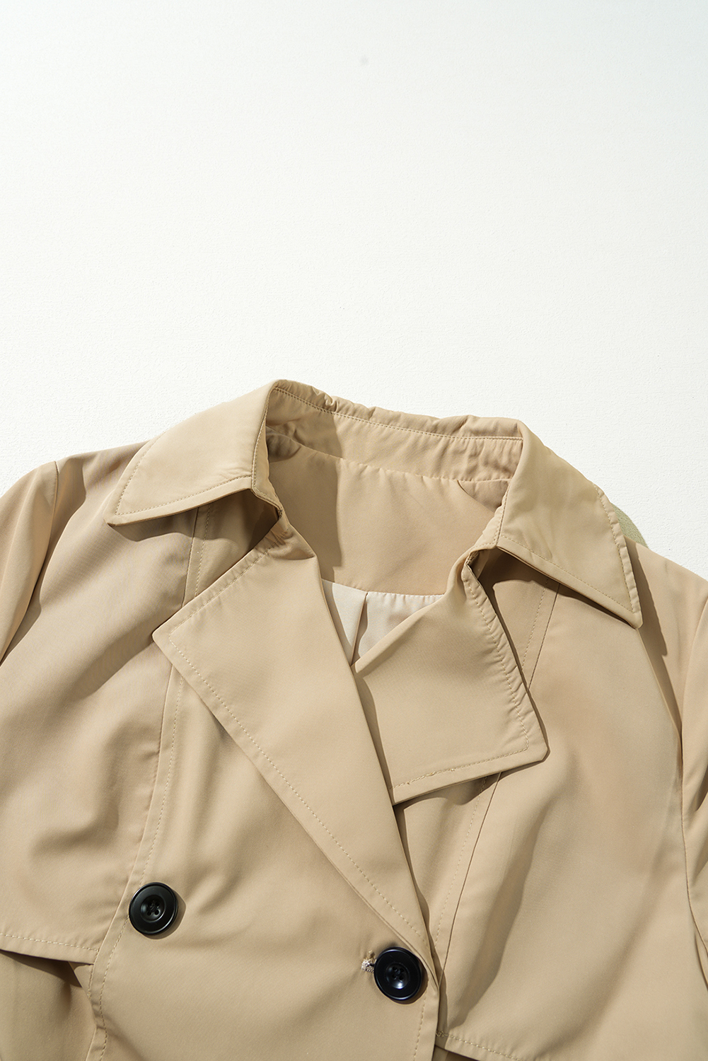 Pale Khaki Solid Color Lapel Collar Waist Tie Wind Coat view 19
