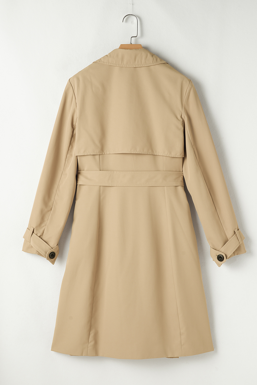 Pale Khaki Solid Color Lapel Collar Waist Tie Wind Coat view 12