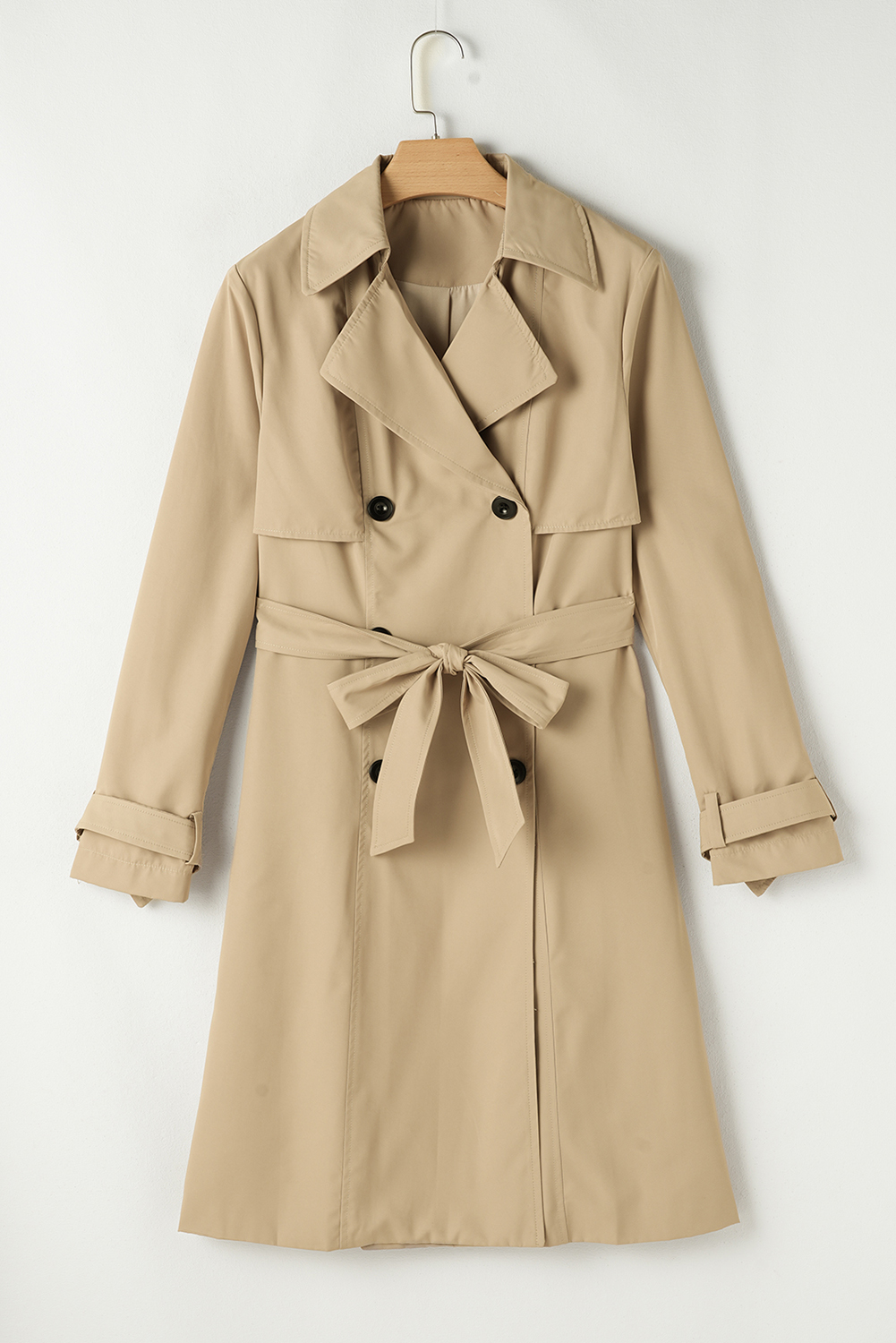 Pale Khaki Solid Color Lapel Collar Waist Tie Wind Coat view 11