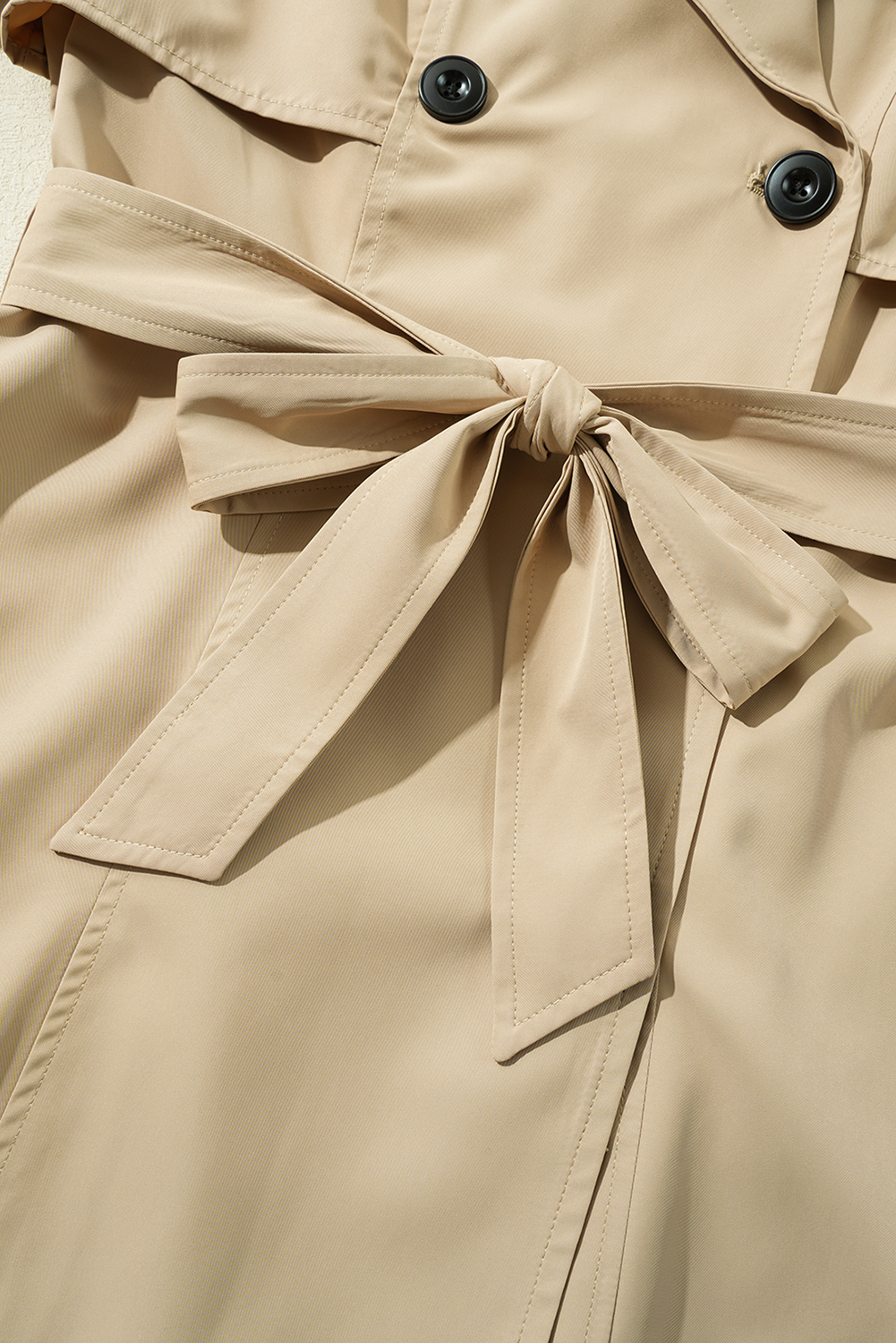 Pale Khaki Solid Color Lapel Collar Waist Tie Wind Coat view 20
