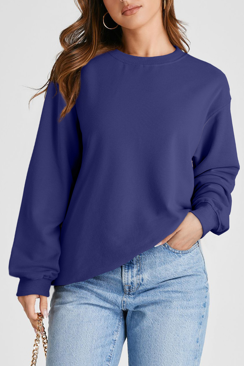 Dirty blue Solid Color Front Seam Drop Shoulder Loose Sweater