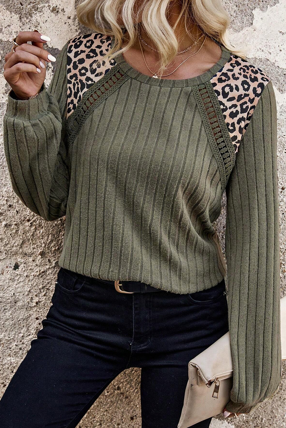 Vineyard Green Texture Patchwork Lace Sleeve Leopard Henley Top