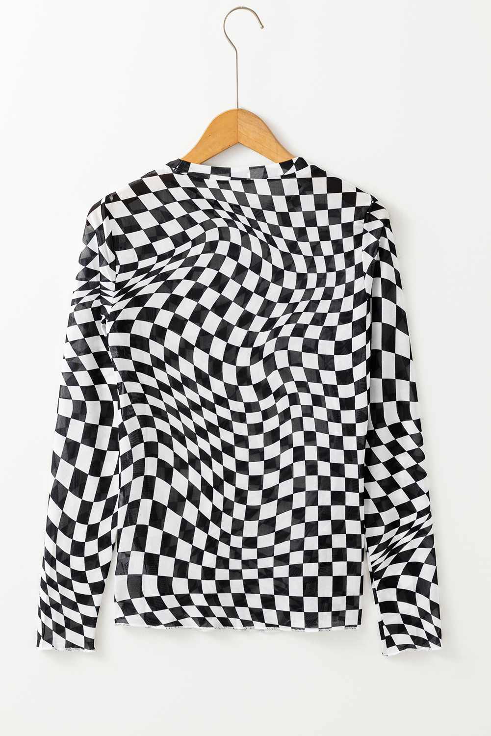 Black Checkered Pattern Mesh Mock Neck Long Sleeve Top
