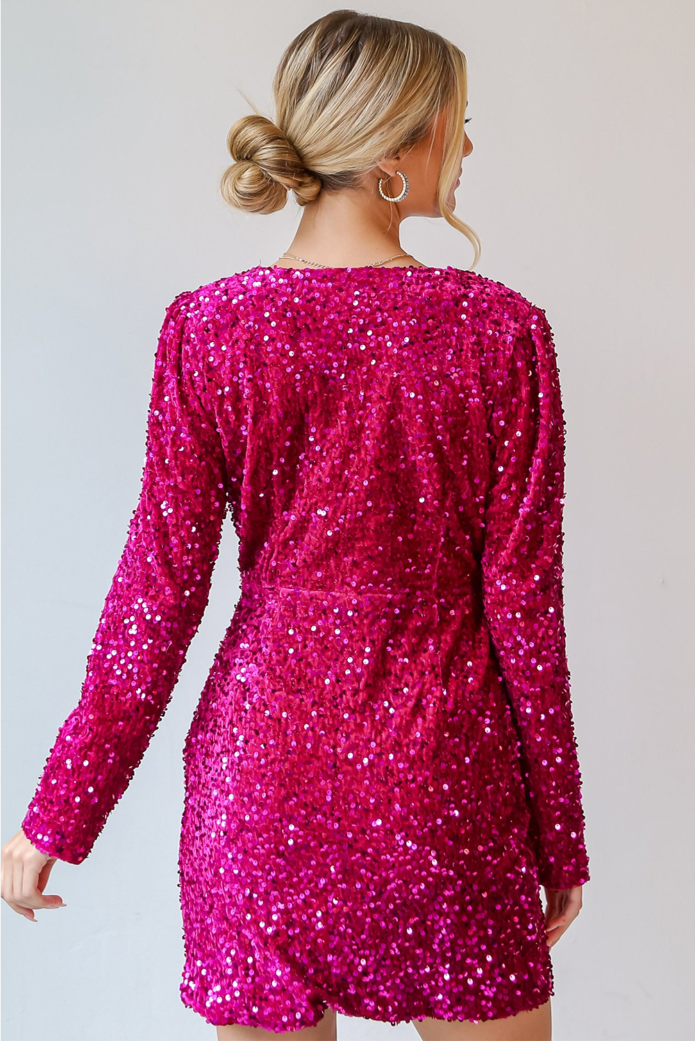Pitaya Pink Velvet Sequin Long Sleeve V Neck Wrapped Mini Dress view 4