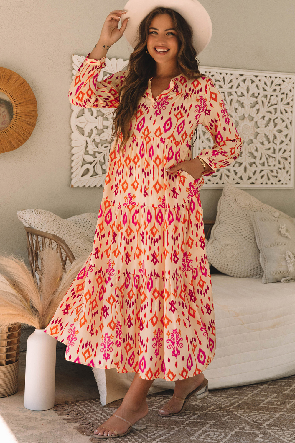 Orange Western Abstract Geometric Printed Maxi Dress view 3