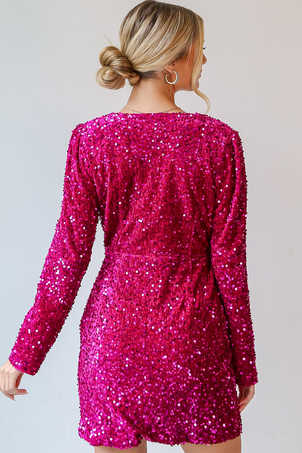 Pitaya Pink Velvet Sequin Long Sleeve V Neck Wrapped Mini Dress view 3