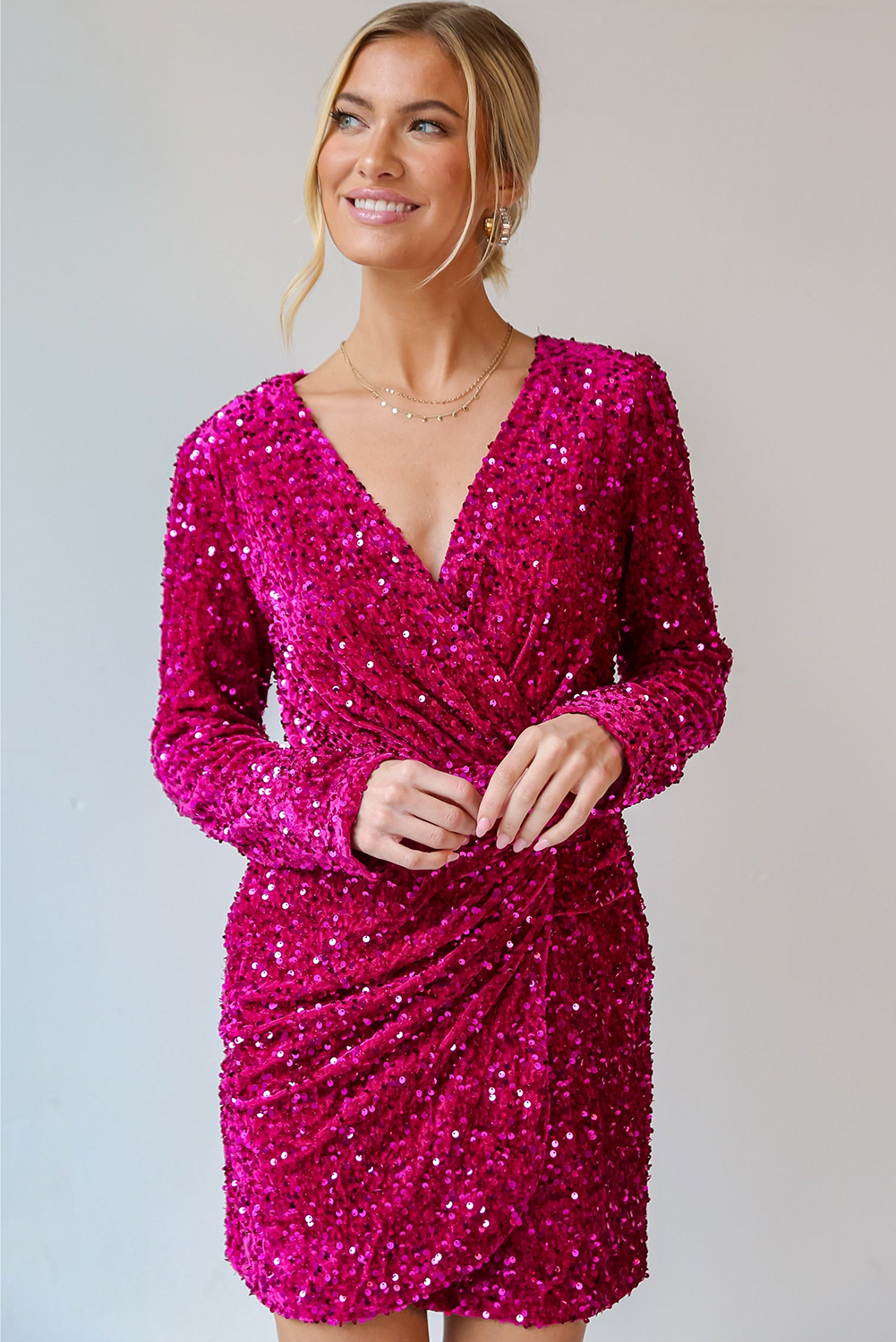 Pitaya Pink Velvet Sequin Long Sleeve V Neck Wrapped Mini Dress view 8