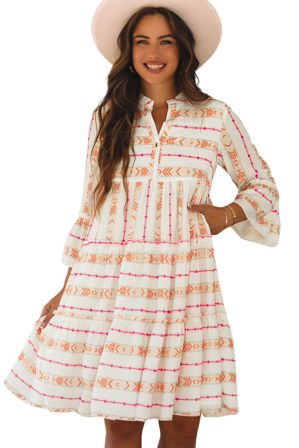 Orange Bohemian Printed Bracelet Sleeve Slit Neck Ruffled Loose Dress view 21