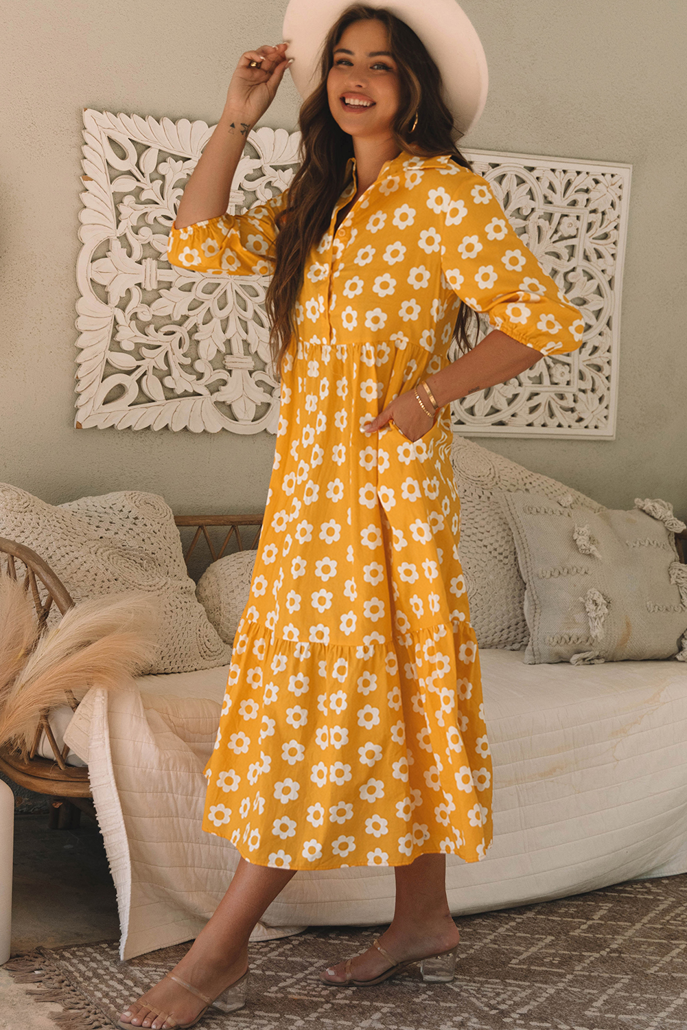 Yellow Flower Print Bracelet Sleeve Buttons Collared Maxi Dress view 3