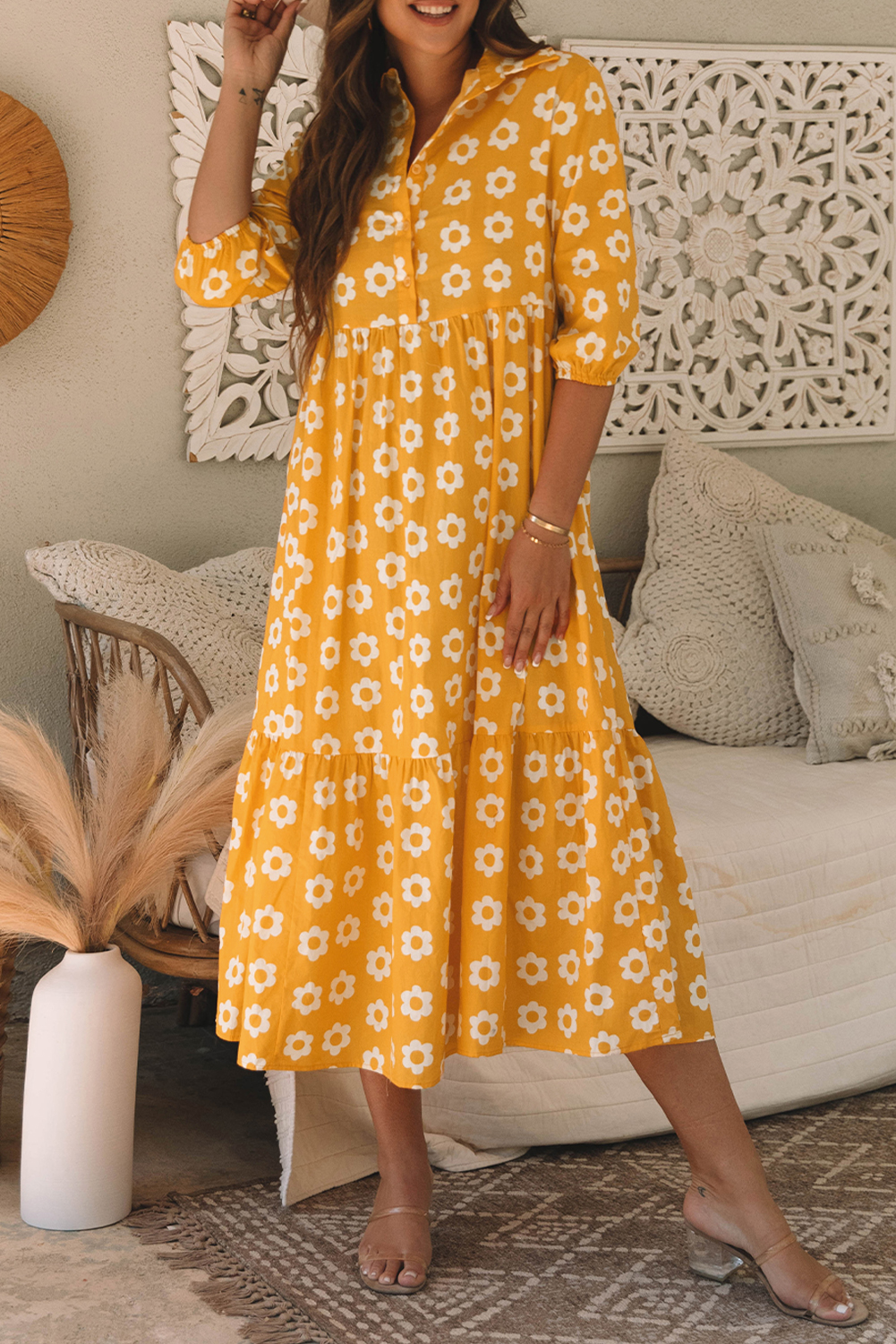 Yellow Flower Print Bracelet Sleeve Buttons Collared Maxi Dress view 5