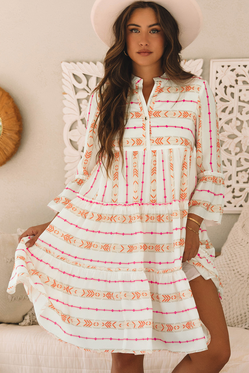 Orange Bohemian Printed Bracelet Sleeve Slit Neck Ruffled Loose Dress view 4