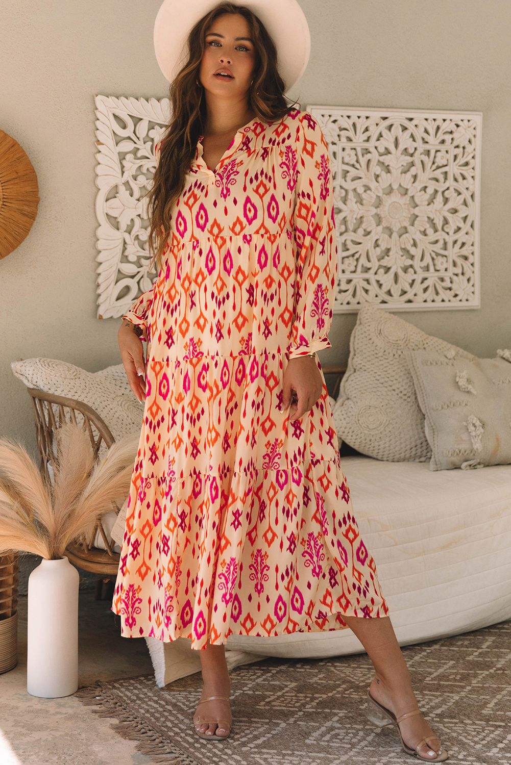 Orange Western Abstract Geometric Printed Maxi Dress view 4