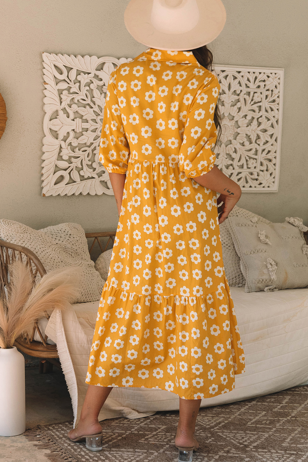 Yellow Flower Print Bracelet Sleeve Buttons Collared Maxi Dress view 2