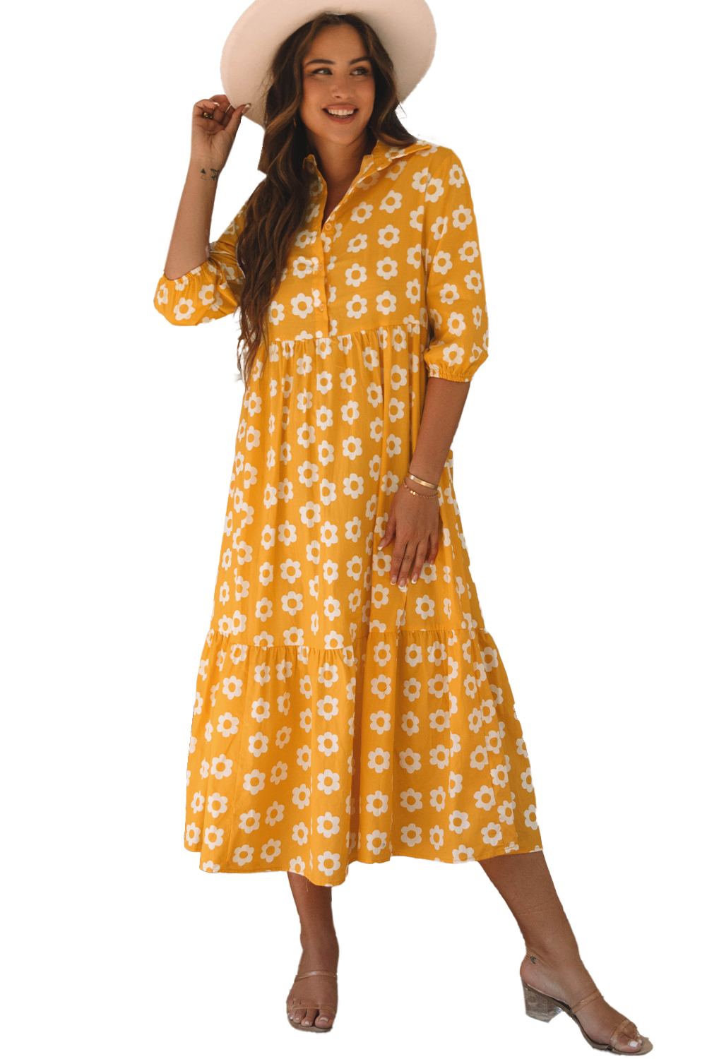 Yellow Flower Print Bracelet Sleeve Buttons Collared Maxi Dress view 22