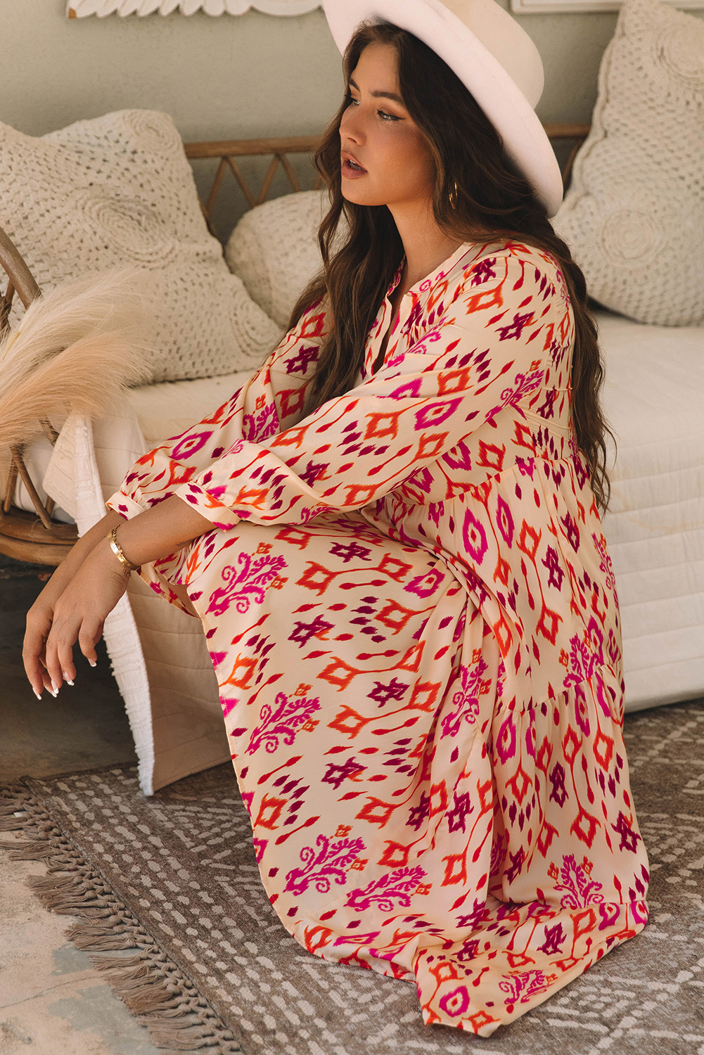 Orange Western Abstract Geometric Printed Maxi Dress view 5