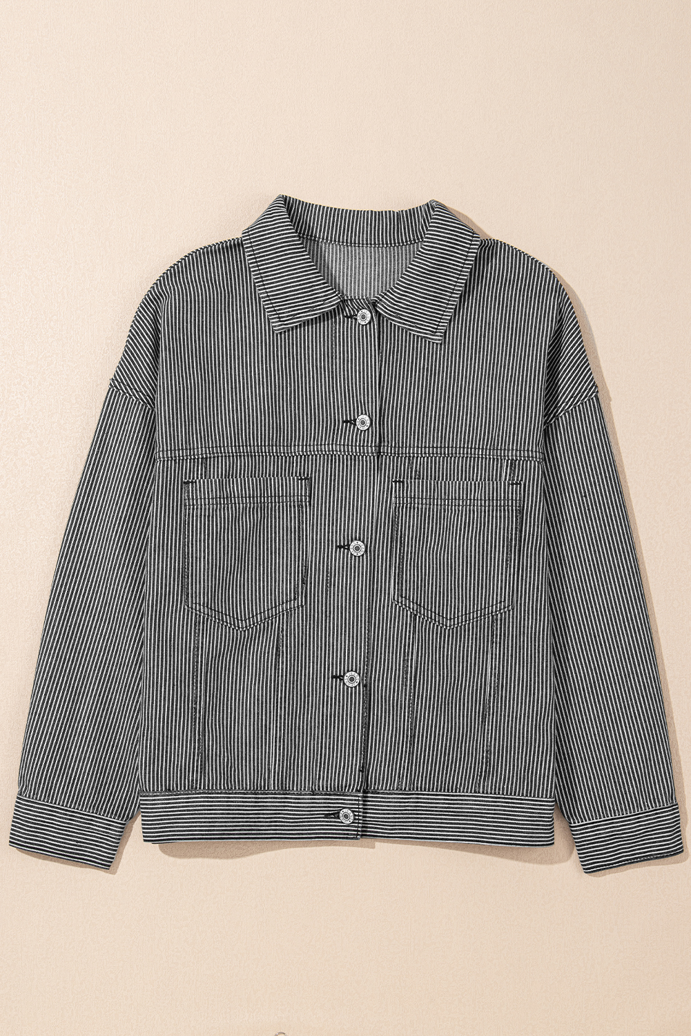 Blue Stripe Washed Oversize Pocketed Denim Jacket view 9