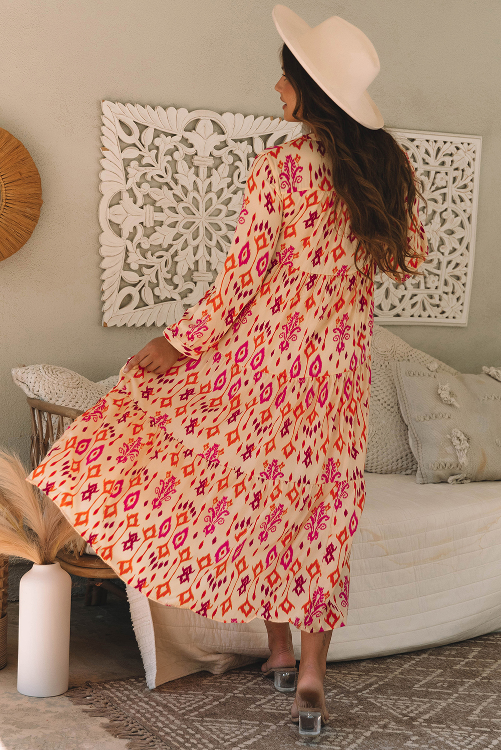 Orange Western Abstract Geometric Printed Maxi Dress view 2