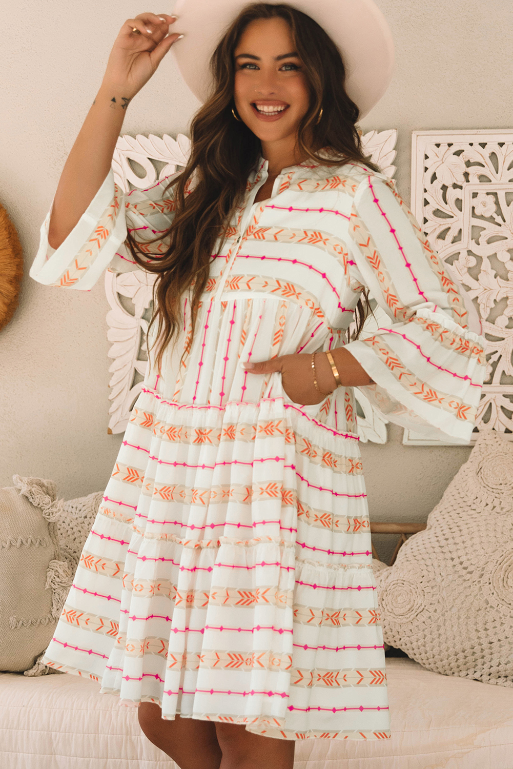 Orange Bohemian Printed Bracelet Sleeve Slit Neck Ruffled Loose Dress view 3
