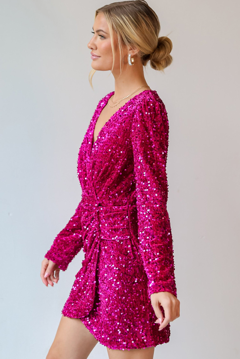 Pitaya Pink Velvet Sequin Long Sleeve V Neck Wrapped Mini Dress view 5