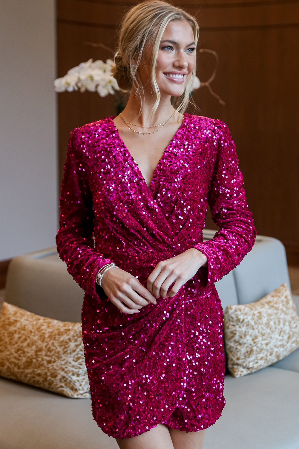 Pitaya Pink Velvet Sequin Long Sleeve V Neck Wrapped Mini Dress view 17