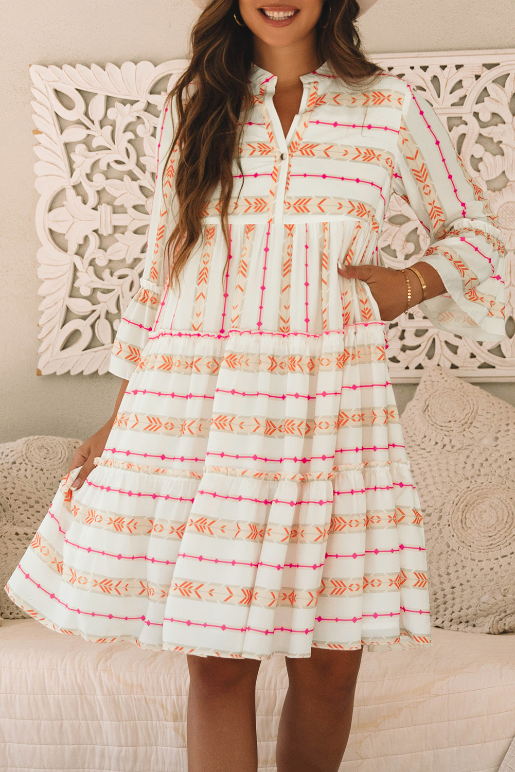 Orange Bohemian Printed Bracelet Sleeve Slit Neck Ruffled Loose Dress view 7