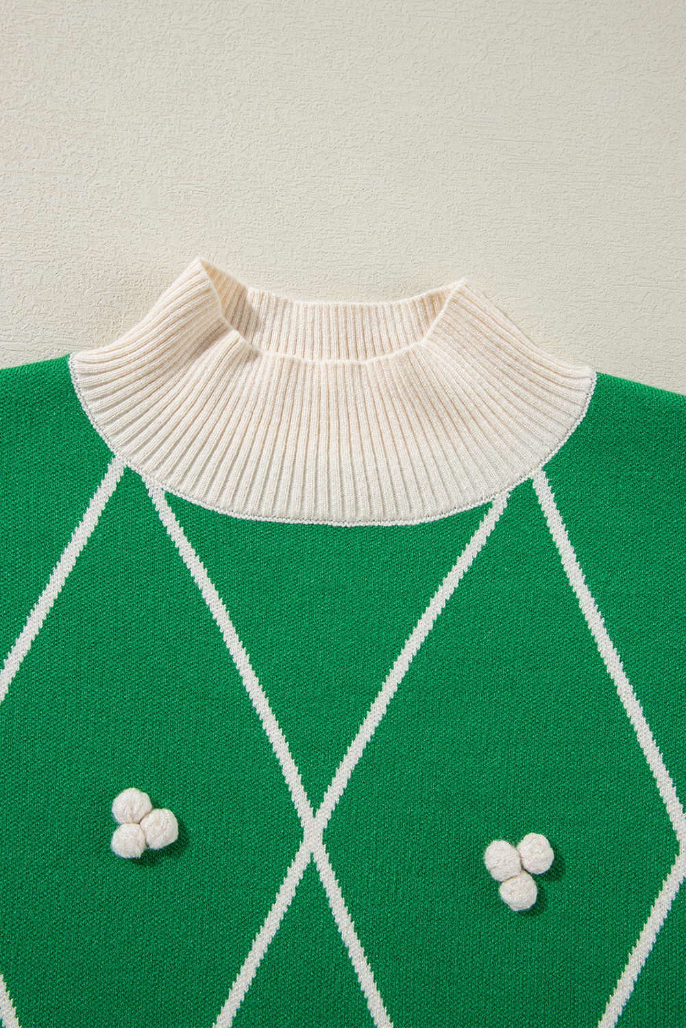 Dark Green Diamond Pattern Pom Accents Contrast Trim High Neck Sweater view 24