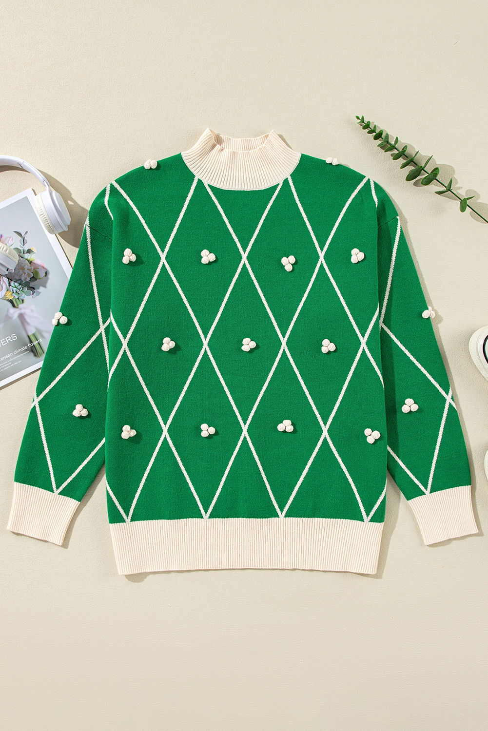Dark Green Diamond Pattern Pom Accents Contrast Trim High Neck Sweater view 20