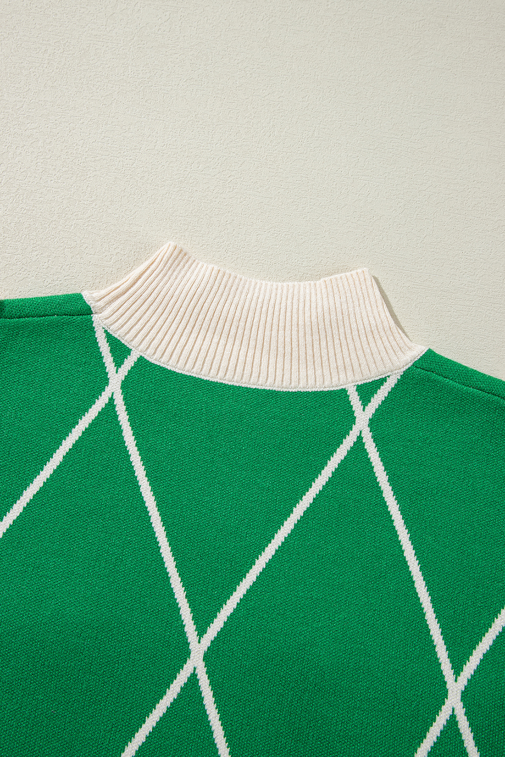 Dark Green Diamond Pattern Pom Accents Contrast Trim High Neck Sweater view 28