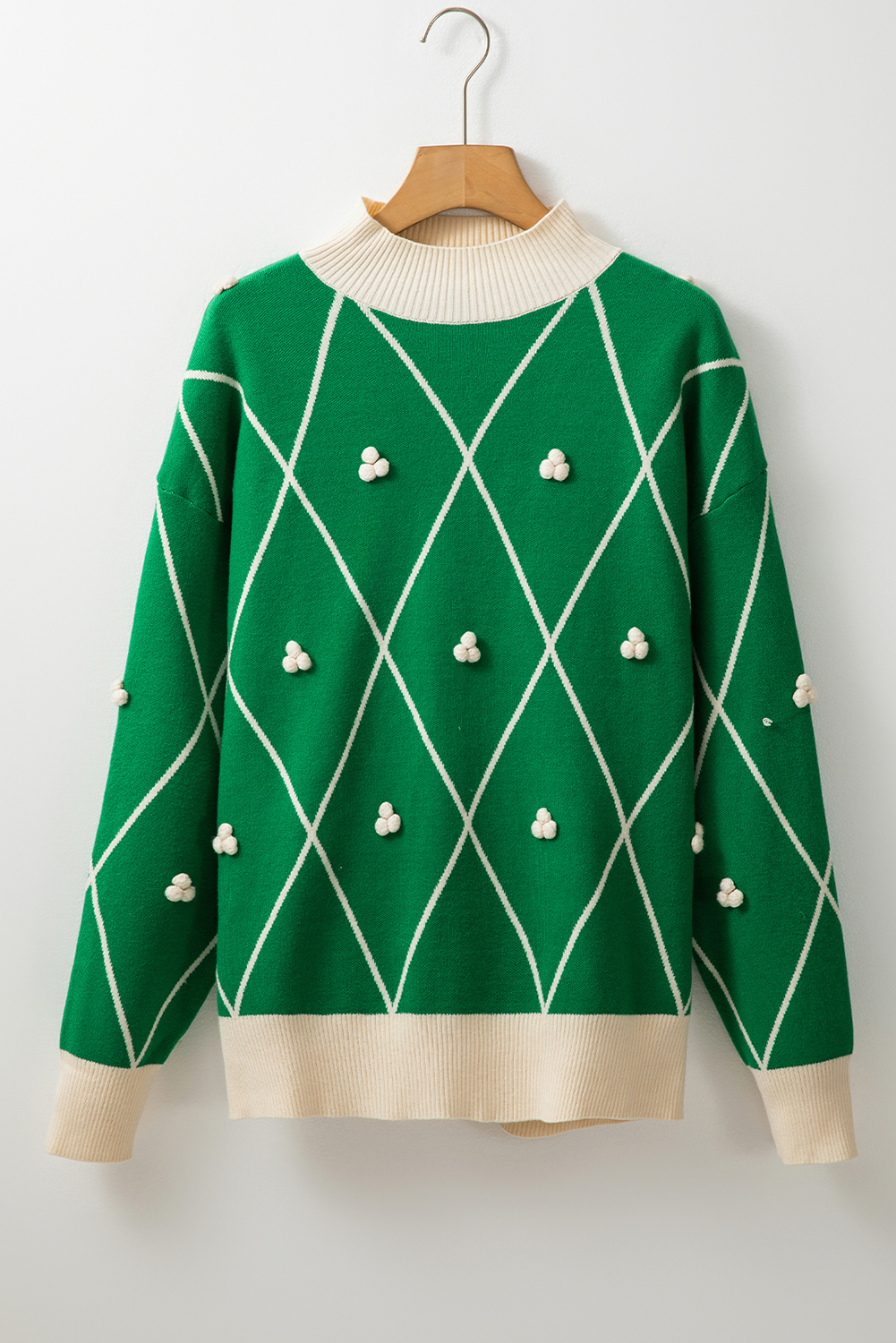 Dark Green Diamond Pattern Pom Accents Contrast Trim High Neck Sweater view 22