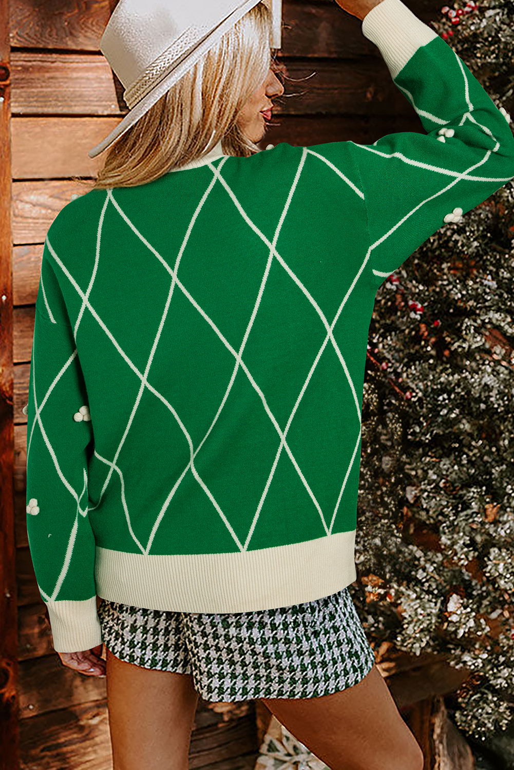 Dark Green Diamond Pattern Pom Accents Contrast Trim High Neck Sweater view 18