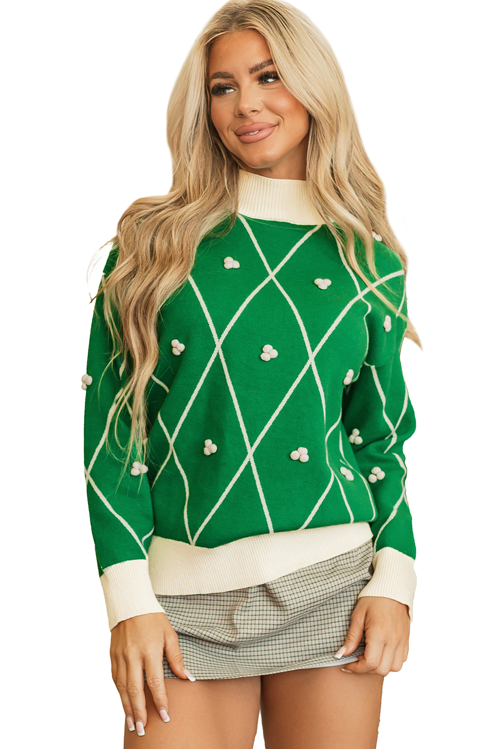 Dark Green Diamond Pattern Pom Accents Contrast Trim High Neck Sweater view 29