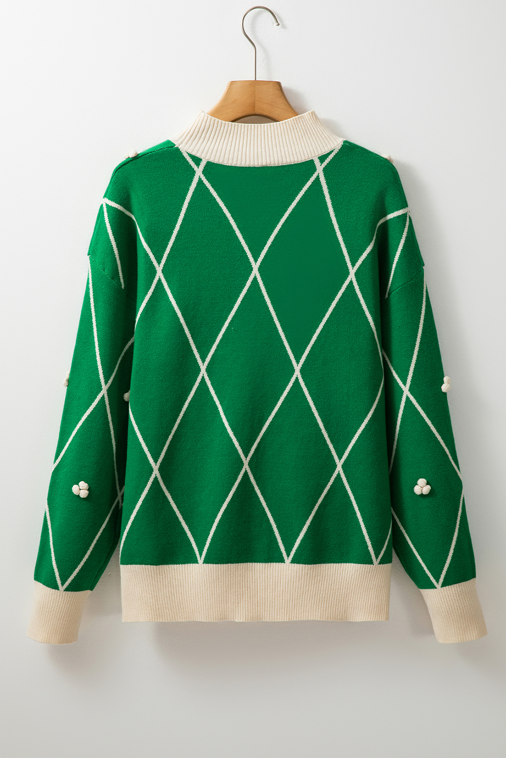 Dark Green Diamond Pattern Pom Accents Contrast Trim High Neck Sweater view 23