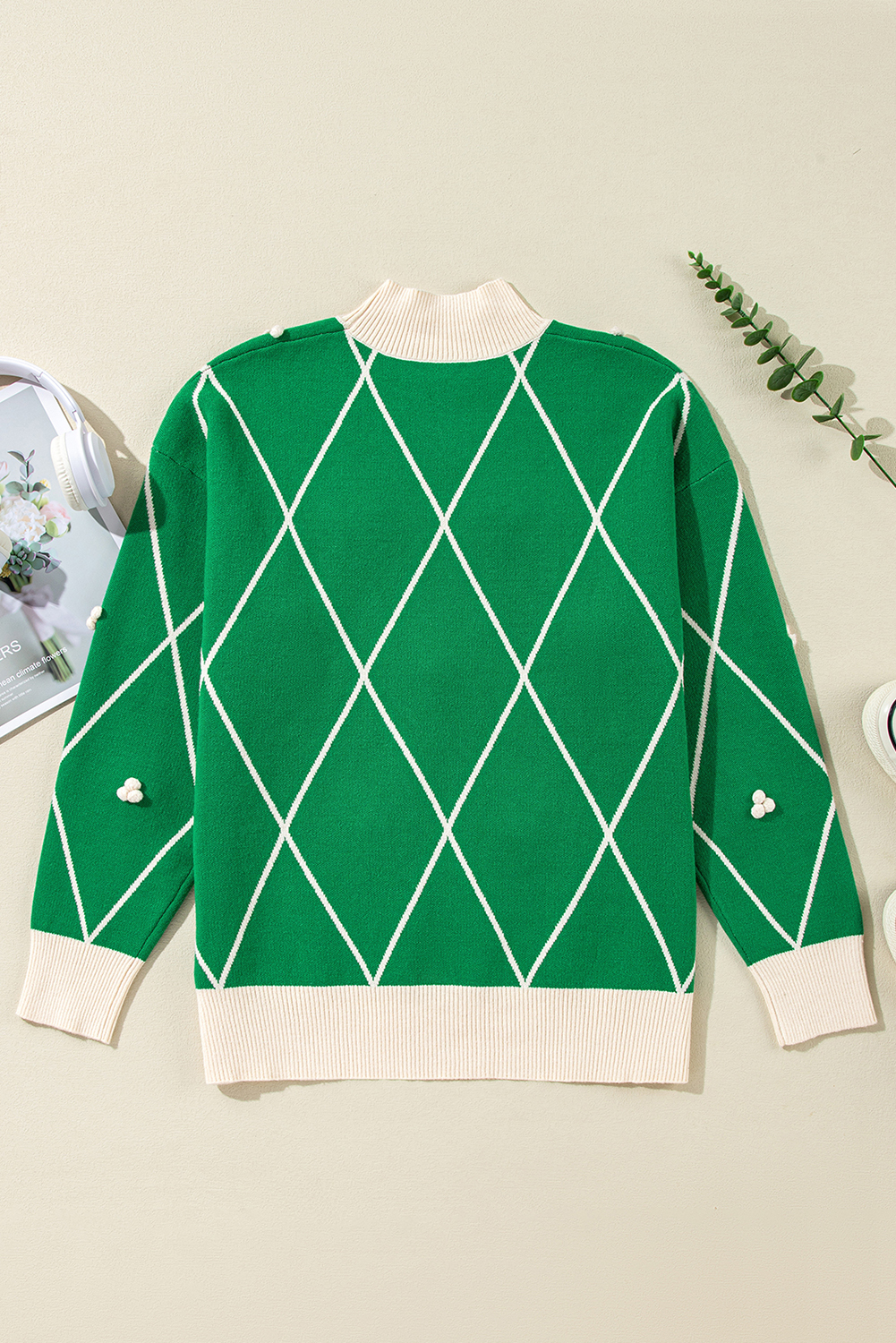 Dark Green Diamond Pattern Pom Accents Contrast Trim High Neck Sweater view 21