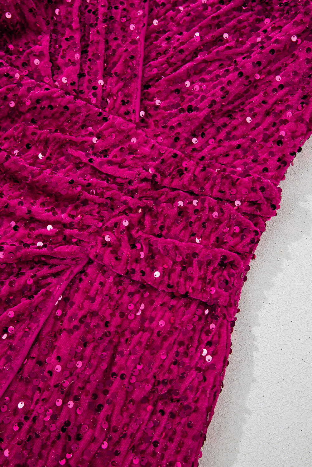 Pitaya Pink Velvet Sequin Long Sleeve V Neck Wrapped Mini Dress view 24