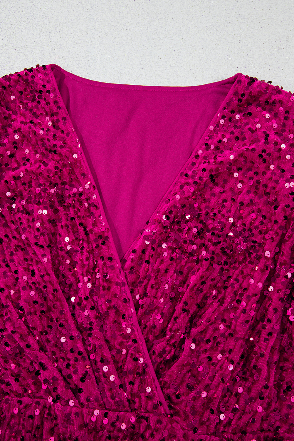 Pitaya Pink Velvet Sequin Long Sleeve V Neck Wrapped Mini Dress view 25