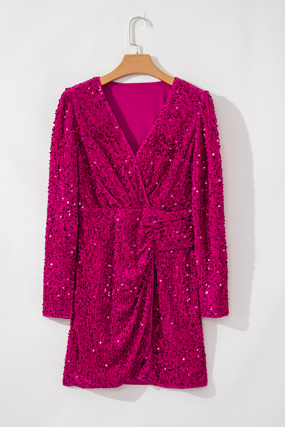 Pitaya Pink Velvet Sequin Long Sleeve V Neck Wrapped Mini Dress view 18